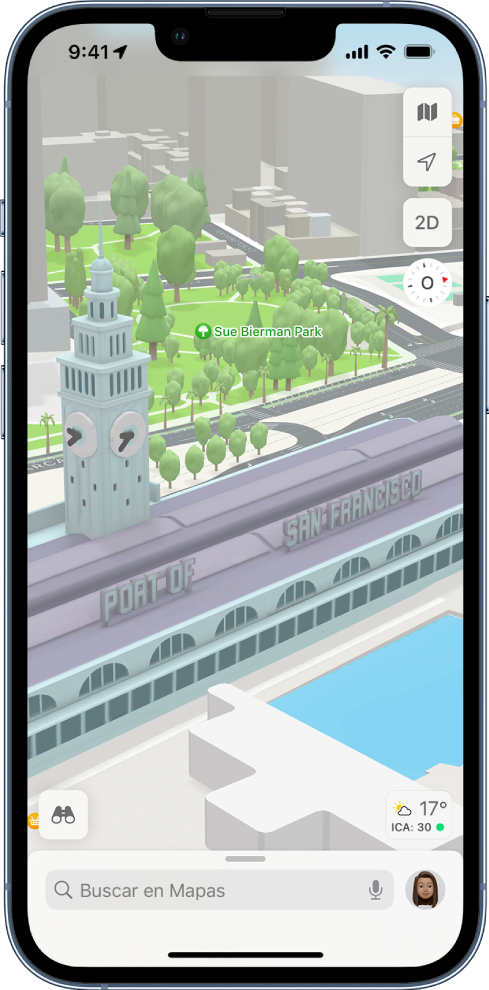 Un mapa 3D de la calle mostrando edificios, calles, agua, árboles y un parque.