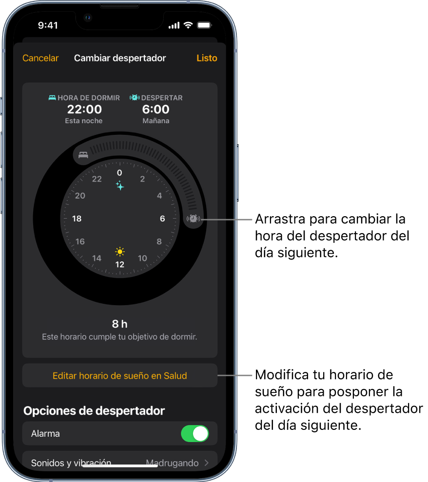 Una pantalla para cambiar la alarma del día siguiente, con botones que se pueden arrastrar para cambiar las horas de dormir y de despertar, un botón para cambiar el horario de sueño en la app Salud, y un botón para activar o desactivar el despertador.