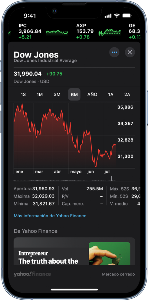 En el centro de la pantalla, una gráfica muestra el rendimiento de un valor a lo largo de un día. Arriba de la gráfica hay botones para mostrar el rendimiento de un día, una semana, un mes, tres meses, seis meses,, un año, dos años o cinco años. Debajo de la gráfica están los detalles del valor, como el precio de apertura, los valores máximos y mínimos, y la capitalización de mercado. En la parte inferior de la pantalla hay un artículo de Apple News.