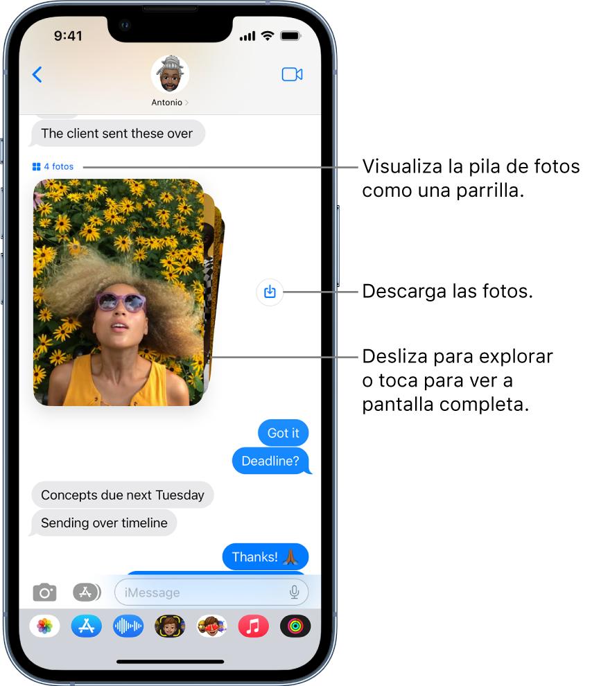 Conversación en la app Mensajes que incluye una colección de fotos de personas y flores junto a un botón de guardar.