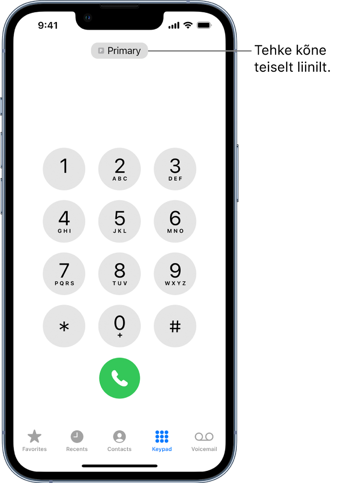 Rakenduse Phone klahvistik. Ekraani allaosas asuvad vahekaardid (vasakult paremale) Favorites, Recents, Contacts, Keypad ja Voicemail.