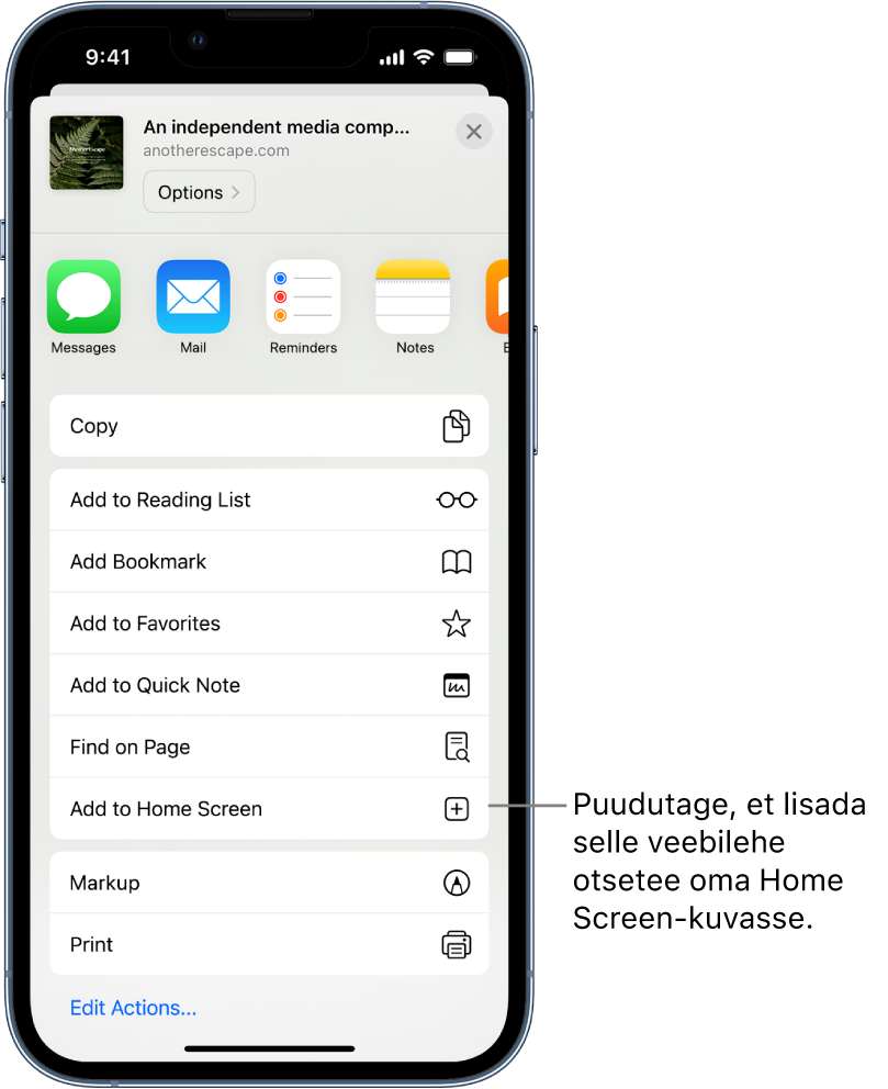 Safaris on veebilehel puudutatud nuppu Share ning kuvatakse valikute loendit. Ekraani allosas on valik Add to Home Screen. Selle veebilehe otsetee lisamiseks oma Home Screen-kuvasse puudutage seda.