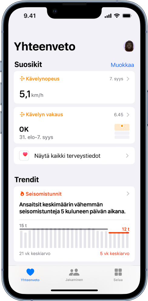 Yhteenveto-näyttö, jossa näytetään Kävelynopeus ja Kävelyn vakaus kohdassa Suosikit, ja Seisomistunnit kohdassa Trendit.