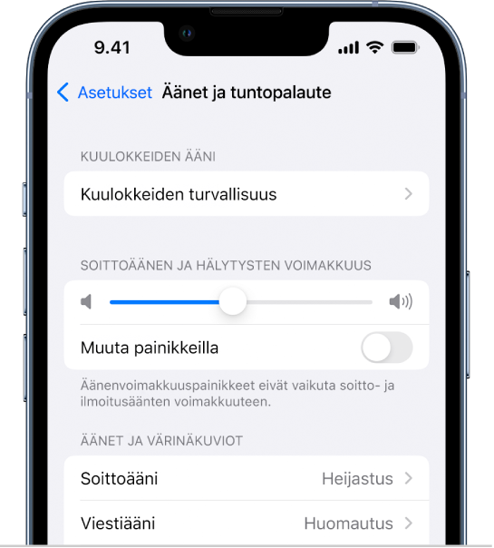 Äänet ja tuntopalaute -näyttö Asetuksissa. Näytöllä näkyvät valinnat ylhäältä alas ovat Kuulokkeiden ääni ja Kuulokkeiden turvallisuus, Soitto- ja ilmoitusäänet sekä liukusäädin äänenvoimakkuuden säätöön ja Muuta painikkeilla -asetus, ja Äänet ja värinäkuviot, joihin sisältyvät Soittoääni ja Viestiääni.