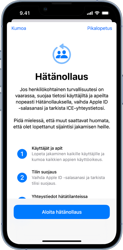 Hätänollaus-näyttö, jossa on tietoa ominaisuuden toiminnasta. Aloita hätänollaus ‑painike on alhaalla.