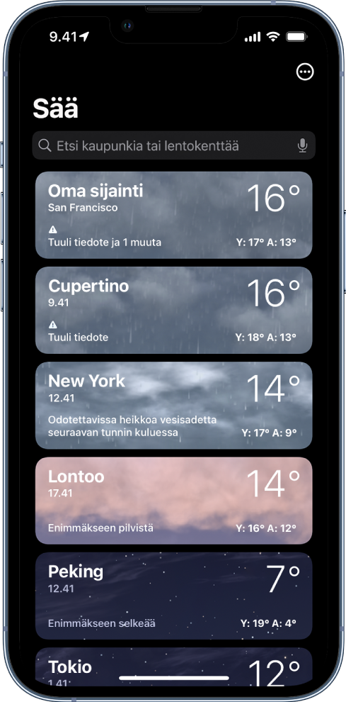Luettelo kaupunkeja sekä aika, nykyinen lämpötila, sääennuste ja korkeat ja matalat lämpötilat. Näytön yläreunassa on hakukenttä ja oikeassa yläkulmassa on Lisää-painike.