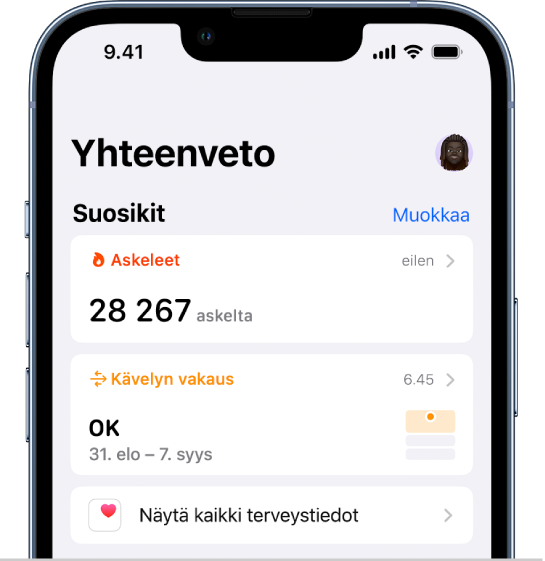 Terveys-apin Yhteenveto-näyttö. Suosikkien alla näkyvät tiedot kävelyn vakaudesta.