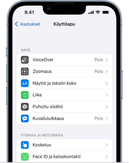Käyttöapu-näyttö Asetuksissa. Näytöllä näkyvät ylhäältä alas seuraavat sisäiset ominaisuudet: Näköön liittyvät ominaisuudet, kuten VoiceOver, Zoomaus, Näyttö ja tekstin koko, Liike, Puhuttu sisältö, Kuvailutulkkaus sekä Fysiikka ja motoriikka -ominaisuudet, mukaan lukien Kosketus sekä Face ID ja katsekontakti.