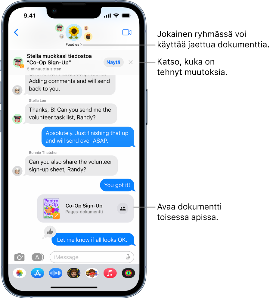 Viestit-apin ryhmäkeskustelu, jossa kutsu yhteistyöhön ja päivitykset keskusteluikkunan yläreunassa.