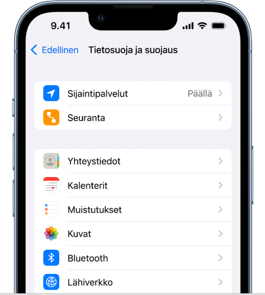 Asetusten Tietosuoja ja suojaus -näyttö