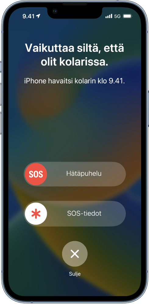 iPhonen näyttö, jossa on havaittu kolari. Sen alapuolella ovat painikkeet Hätäpuhelu, SOS-tiedot ja Sulje.