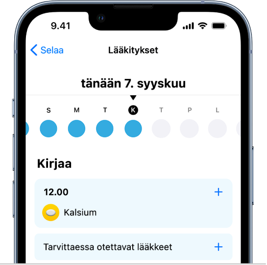 Terveys-apin Lääkkeet-näyttö, jossa näkyvät lääkkeiden aikajana ja kirjaukset.