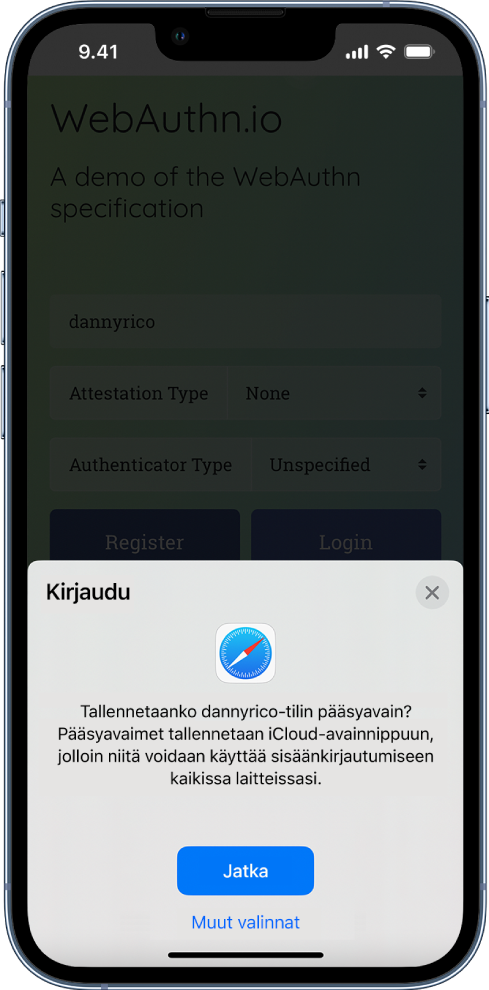 Sisäänkirjautumisnäyttö, joka kysyy, tallennetaanko pääsyavain tilille. Jatka- ja Muut valinnat -painikkeet ovat näytön alareunassa.