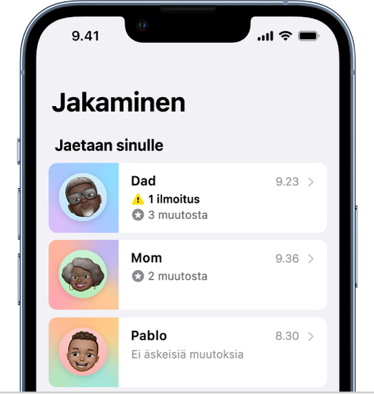Jakaminen-näyttö, jossa näkyy kolme henkilöä, joiden kanssa tietoja jaetaan.