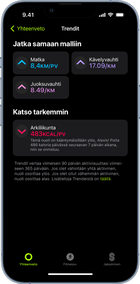 Kuntoilutrendien näyttö, jossa näkyy tiedot matkasta, kävely- ja juoksutahdista sekä poltetuista aktiivisista kaloreista.