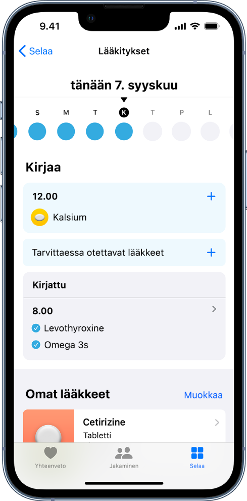 Terveys-apin Lääkkeet-näyttö, jossa näkyvät lääkkeiden aikajana ja kirjaukset.