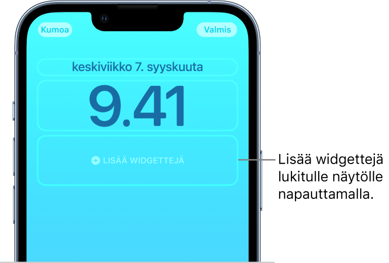 Muokattu lukittu näyttö on tekeillä. Valittuina ovat elementit, joita voidaan lisäksi muokata: päivämäärä, kellonaika ja painike widgettien lisäämistä varten.