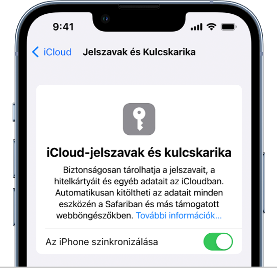 Az iCloud-jelszavak és kulcskarika képernyő az iPhone szinkronizálásának beállításával.