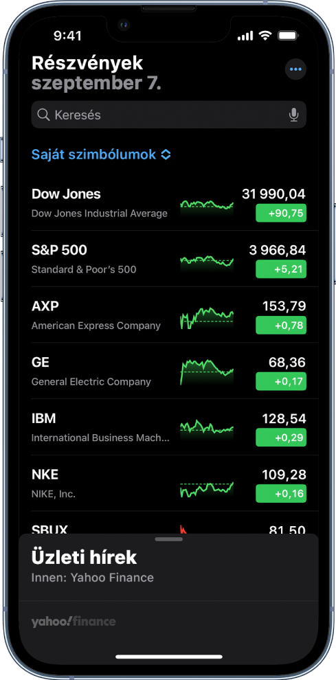 Figyelési lista különféle részvényekkel. A listán lévő egyes részvények mellett (balról jobbra haladva) a tőzsdei szimbólum és név, egy teljesítménydiagram, a részvényár és az ár változása látható. A keresőmező a képernyő tetején található a Saját szimbólumok figyelési lista felett. A képernyő alján az Üzleti hírek jelenik meg. Legyintsen felfelé az üzleti hírek felett az üzleti hírekről szóló cikkek megjelenítéséhez.