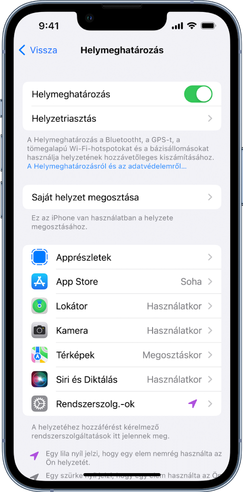 A Helymeghatározás képernyő az iPhone helyének megosztására szolgáló beállításokkal, beleértve az egyéni beállításokat az egyes appokhoz.