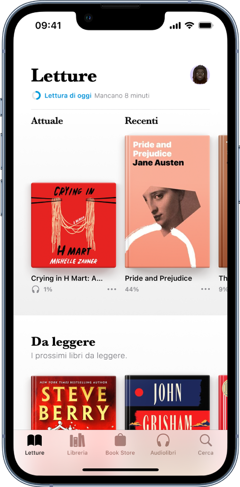 La schermata Letture nell'app Libri. Nella parte inferiore dello schermo, da sinistra a destra, sono presenti le sezioni Letture, Libreria, Book Store, Audiolibri e Cerca.