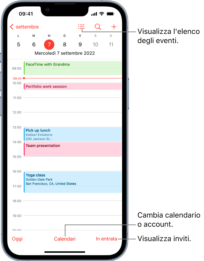 Un calendario nella vista Giorno che mostra gli eventi programmati. Il pulsante Calendari nella parte bassa dello schermo ti consente di cambiare gli account da inserire in Calendario. Il pulsante Entrata in basso a destra ti consente di visualizzare gli inviti.