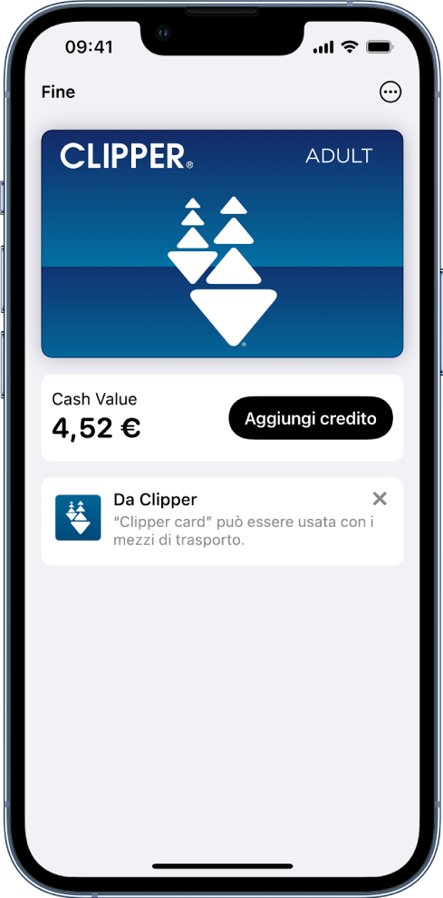 Una carta trasporti nell'app Wallet. Al centro, viene visualizzato il saldo della carta accanto al pulsante “Aggiungi credito”.