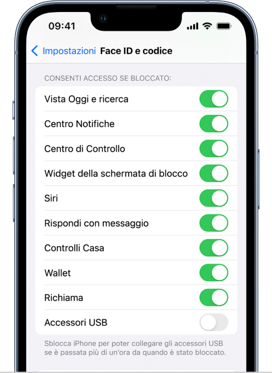 La schermata “Face ID e codice” con le impostazioni per consentire l'accesso a determinate funzionalità quando iPhone è bloccato.
