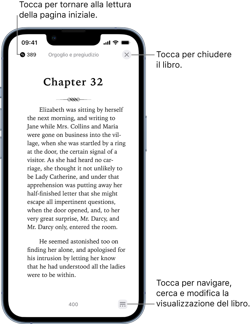 La pagina di un libro nell'app Libri. Nella parte superiore dello schermo sono presenti i pulsanti per tornare alla pagina da cui hai iniziato a leggere e per chiudere il libro. Nella parte inferiore destra dello schermo è presente il pulsante Menu.