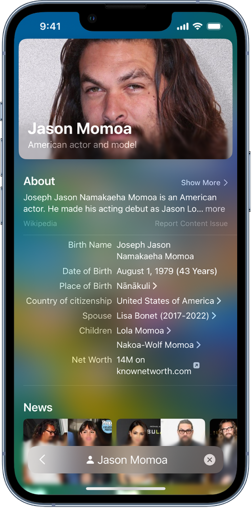 Ekranas, kuriame rodoma „iPhone“ paieška. Viršuje pateikiami paieškos laukas ir įžymybės vardas, o žemiau – rasti paieškos rezultatai.