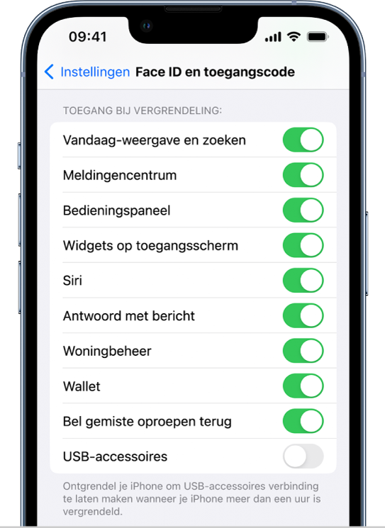 Het scherm van 'Face ID en toegangscode', met instellingen voor toegang tot specifieke functies wanneer de iPhone is vergrendeld.