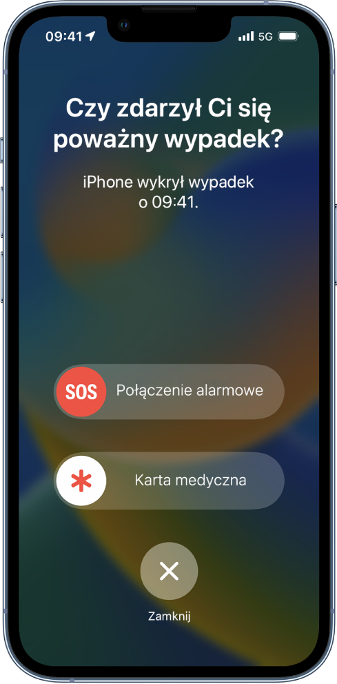Ekran iPhone’a informujący o wykryciu wypadku. Na dole znajdują się przyciski Połączenia alarmowe, Karta medyczna i Zamknij.