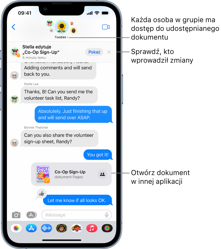 Rozmowa grupowa w aplikacji Wiadomości. Widoczne jest zaproszenie do współpracy oraz uaktualnienia wyświetlane na górze okna rozmowy.