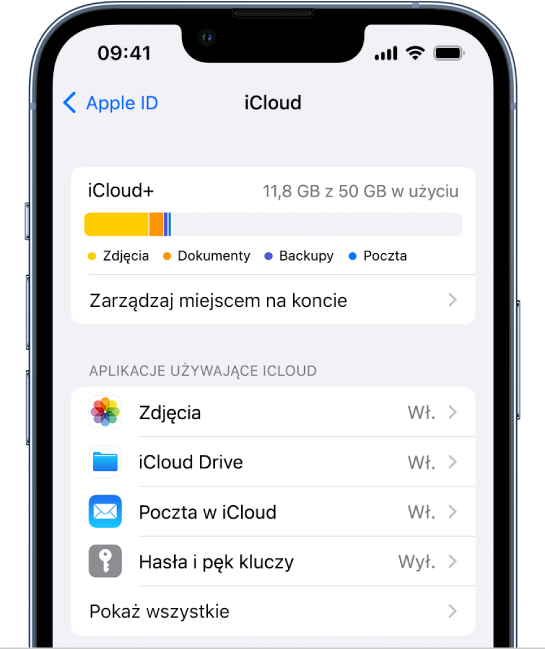 Ekran ustawień iCloud zawierający wskaźnik wykorzystania dostępnego miejsca w iCloud oraz listę aplikacji i funkcji, takich jak Zdjęcia, iCloud Drive i Poczta w iCloud, których można używać z iCloud.