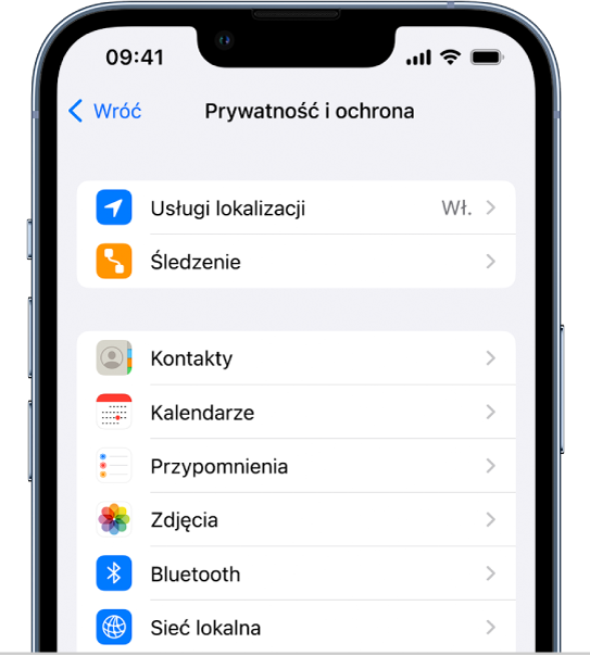 Ekran Prywatność i ochrona w Ustawieniach.