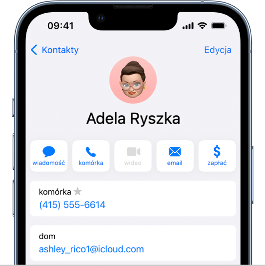 Wizytówka w aplikacji Kontakty.