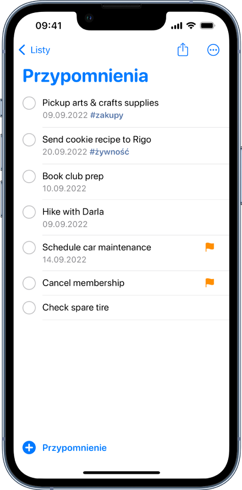 Ekran aplikacji Przypomnienia z listą rzeczy do zrobienia. W lewym dolnym rogu widoczny jest przycisk Nowe przypomnienie.