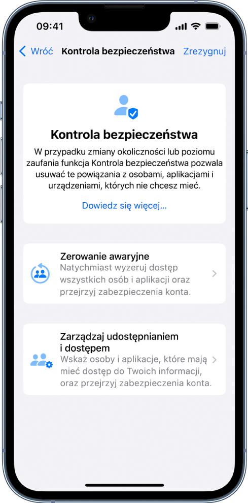 Ekran kontroli bezpieczeństwa, zawierający informacje dotyczące funkcji i przyciski Zerowanie awaryjne oraz Zarządzaj udostępnianiem i dostępem.