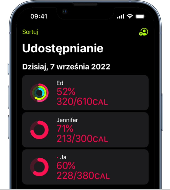 Ekran Udostępnianie w aplikacji Fitness. Widoczne są udostępniane między znajomymi pierścienie ruchu i podsumowania aktywności.