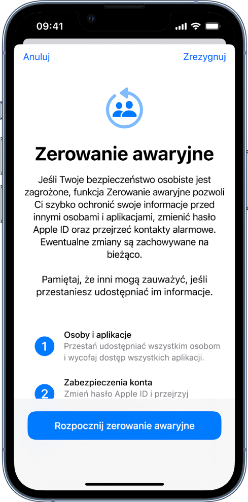 Ekran funkcji Zerowanie awaryjne z informacjami na temat sposobu jej działania. Na dole ekranu widoczny jest przycisk Rozpocznij zerowanie awaryjne.