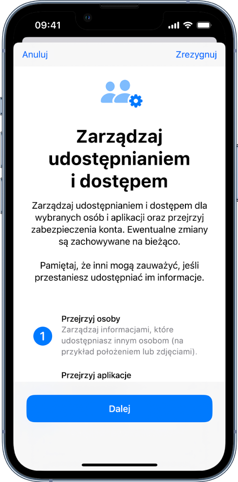 Ekran funkcji Zarządzaj udostępnianiem i dostępem z informacjami na temat sposobu jej działania. Na dole widoczny jest przycisk Dalej.