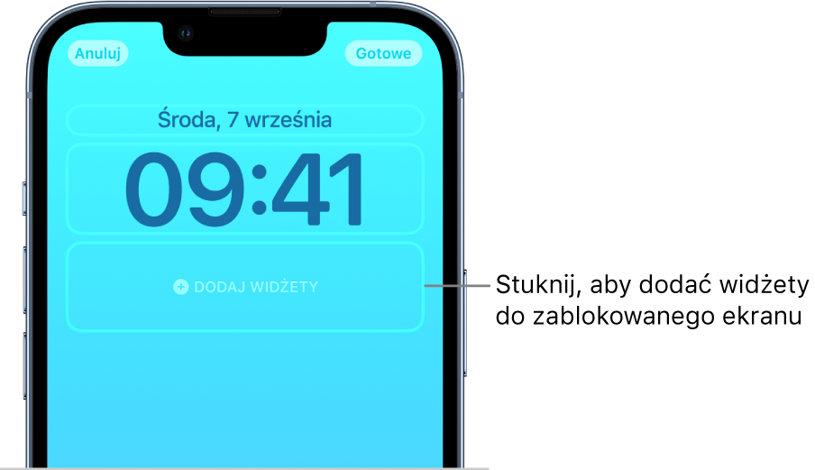 Proces tworzenia własnego zablokowanego ekranu. Zaznaczone są elementy umożliwiające dostosowanie zablokowanego ekranu, czyli data, godzina oraz przycisk dodawania widżetów.