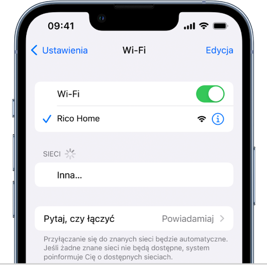 Ekran opcji sieci Wi‑Fi w Ustawieniach. Wi‑Fi jest włączone i wybrana jest sieć.