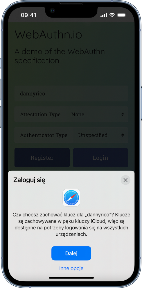 Ekran logowania z pytaniem o zachowanie klucza konta. Na dole ekranu znajdują się przyciski Dalej oraz Inne opcje.