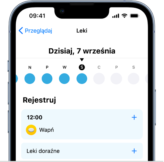 Ekran Leki w aplikacji Zdrowie, zawierający linię czasową oraz dziennik przyjmowania leków.