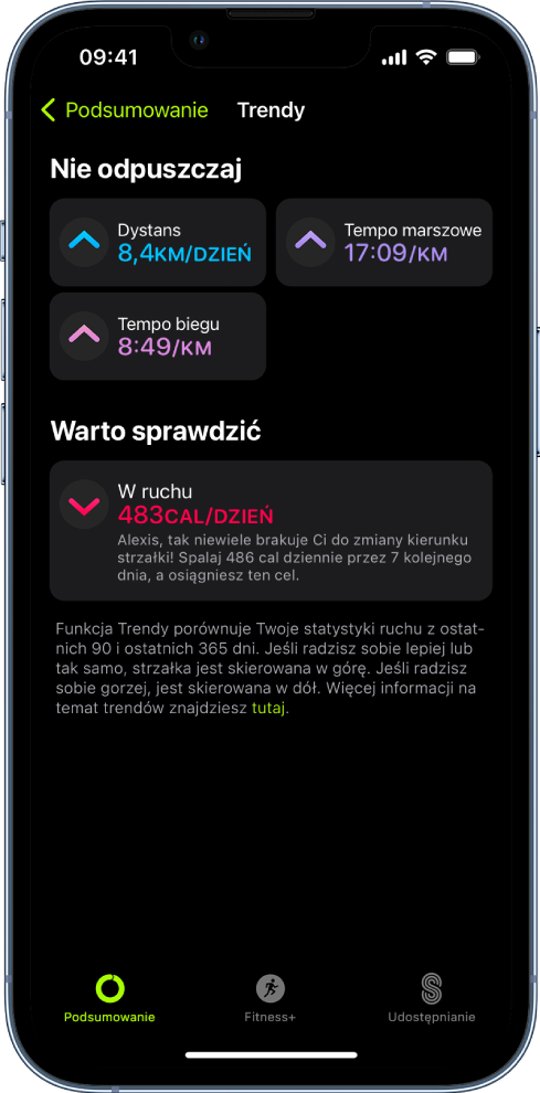 Ekran trendów w aplikacji Fitness. Widoczne są miary dystansu, tempa marszowego, tempa biegu oraz kalorii spalonych podczas aktywności.