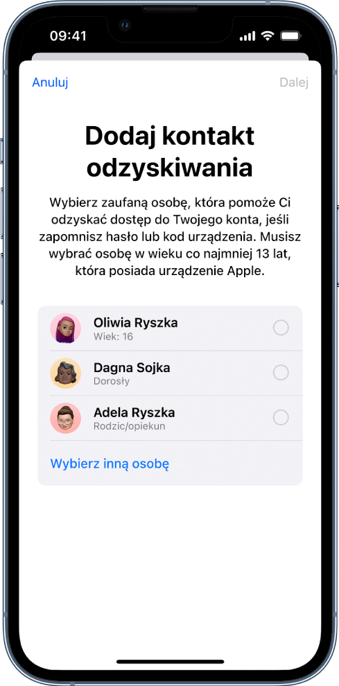 Ekran kontaktu odzyskiwania konta. Widoczne są sugerowane kontakty, które można wybrać jako kontakty odzyskiwania konta, oraz możliwość dodania innej osoby.