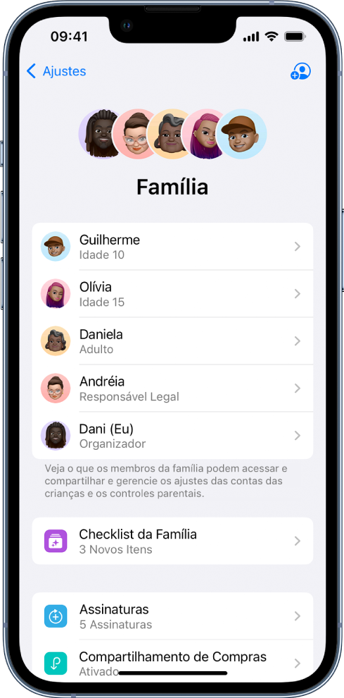 Tela do Compartilhamento Familiar nos Ajustes. Cinco membros da família aparecem na lista e 4 assinaturas são compartilhadas com a família.