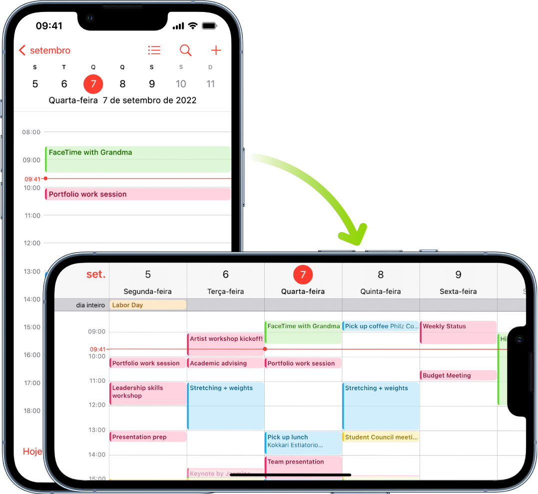 Em segundo plano, o iPhone exibe uma tela do Calendário mostrando os eventos de um dia na orientação vertical; em primeiro plano, o iPhone se encontra girado para a orientação horizontal, a qual exibe os eventos do Calendário da semana inteira que contém o mesmo dia.