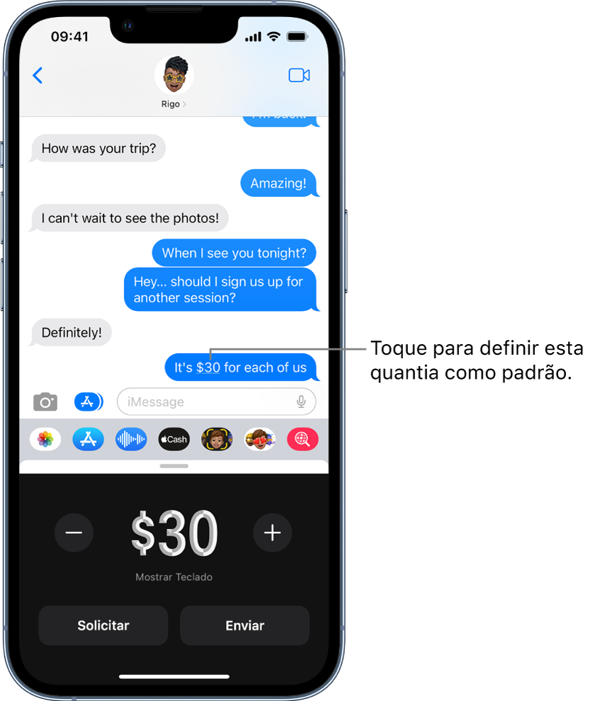 Conversa do iMessage, com o app Apple Pay aberto na parte inferior.